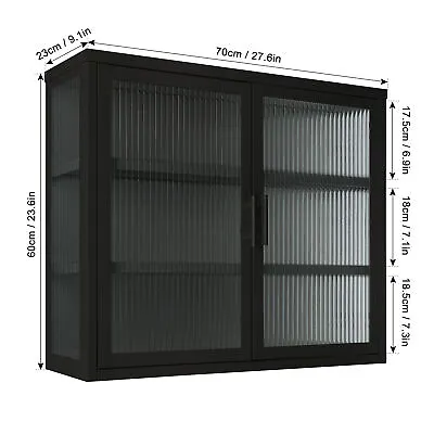 Retro Style Haze Double Glass Door Wall Cabinet With Detachable Shelves Black US • $187