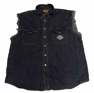 Vintage Harley Davidson Denim Vest Shirt Jacket Cutoff Sleeveless Biker Sz XXL • $29.74