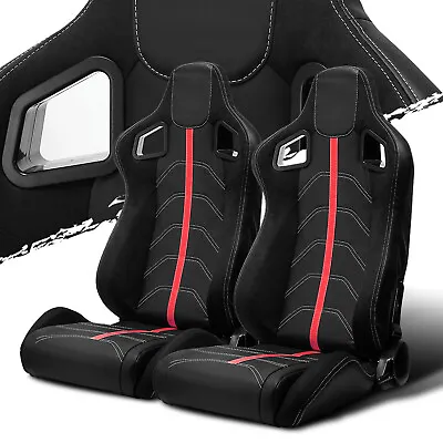 Black PVC Leather/Red Strip/White Stitch Left/Right Recaro Style Racing Seats • $278.38