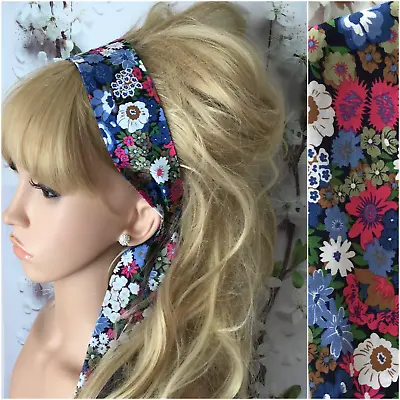 £4.99 • Buy Blue Retro Floral Flower Print Cotton Fabric Head Scarf Hair Band Self Tie Bow