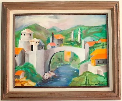 Vintage Oil Painting Canvas Signed Rauchman 1985 Folk Art Village Bridge River • $120