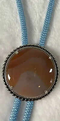 Mens Bolo Tie 13.5  Western  Light Blue String Round Orange Stone Hand Crafted • $9.99