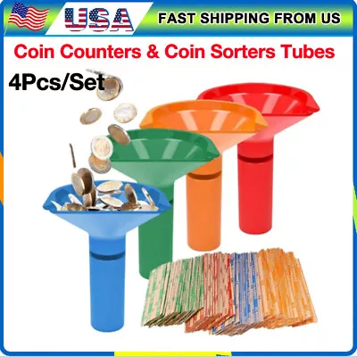 4PCS/SET 4 Color-Coded Coin Storage & Sorter Tubes Assorted Wrappers Counters US • $13.99