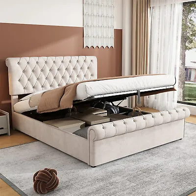 5FT KING SIZE Ottoman Gas Lift Up Storage Bed Frame Velvet Upholstered Bed Beige • £249.99