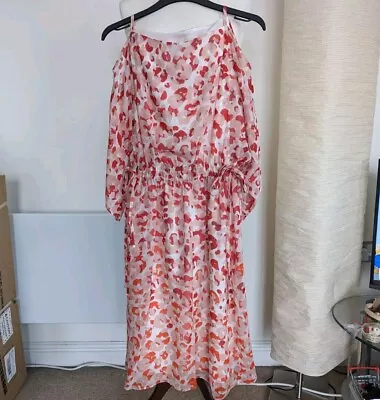 LK Bennett Dress Size 10 Red Marnie 100% Silk Animal Print Cold Shoulder Dress • £15.80