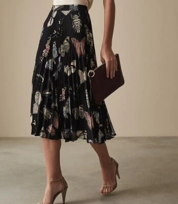 £28 • Buy Reiss Black Multi Coloured Pink Yellow Midi Length Pleated Butterfly Print 8