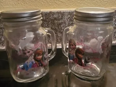 Mason Jar Mugs Cups With Handles Lids 16 Oz Clear Glass W Frozen Movie Character • $12.99
