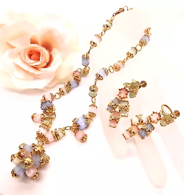 Pretty Vintage 1950s-60s Frosted Pastel Faceted Glass Bead Necklace Earring Set • $44.95