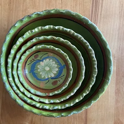 Tlaquepaque Green Mexican Primitive 1930’s -40’s Four Nesting Bowls • $50