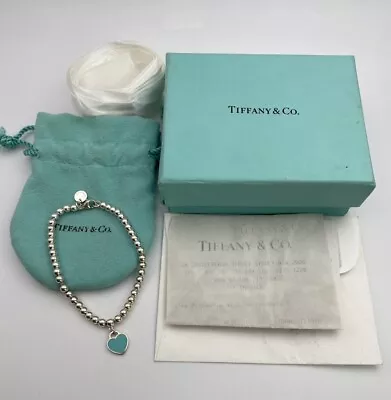 Tiffany & Co Mini Bead Bracelet With Blue Enamel Heart With Gift Receipt • $320