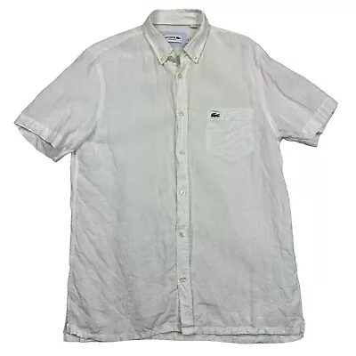 Lacoste Regular Fit Short Sleeve White Linen Button Shirt Size Men’s US Size M • $39.95