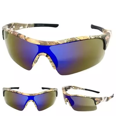 Mens MILITARY TACTICAL Hunting Sport Wrap Safety Camouflage SUNGLASSES Blue Lens • £19.74