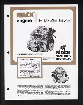 Mack Trucks Etazb 673 Engine Specifications Brochure 01/77 • $17.81