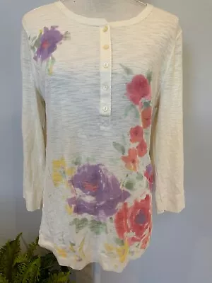 LAUREN JEANS CO. Womens Size Large Ivory Floral 3/4 Sleeve Henley Top NEW • $8.33