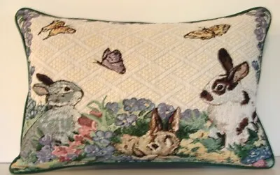 Rabbits -Three Rabbits In Flower Garden By Linda Pickens Tapestry Pillow New • $17