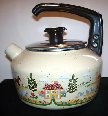 Vintage Metal Tea Kettle Country Farm Scene Pony Rooster Chickens Sheep TEAPOT • $12