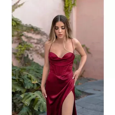 £59.99 • Buy Red Burgundy Satin Corset Cowl Neck Maxi Prom Formal Dress With Slit LaceUp Back