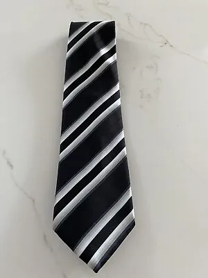 Men’s M&S Black & Grey Striped Silk Tie - Very Good Condition • £11