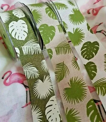 May Arts - TROPICAL LEAF Faux Linen Cut Edge Jungle Ribbon - 38mm - 3 Shades • £2.65