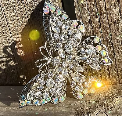 Large Vintage Butterfly Rhinestone Brooch Pin Clear AB Crystal Glass Insect Bug • $11.99