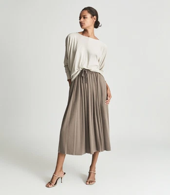 £44.99 • Buy NEW Reiss RP£148 Ariella Fine Jersey Pleated Midi Skirt Mink Brown