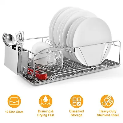 Kitchen Stainless Steel Dish Drying Rack With Cutlery Holder Drainer Organizer • $41.94