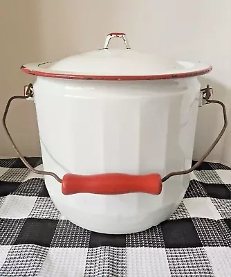 Vintage Enamelware Farmhouse Rustic White W/Red Trim Ribbed Bucket Pot Wood Grip • $32.50