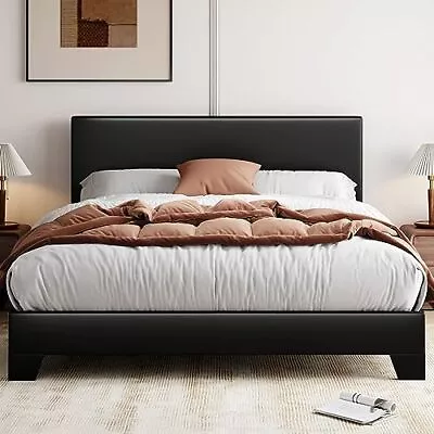  Bed Frame With Adjustable Headboard Faux Leather Platform Queen Cool Black • £153.04