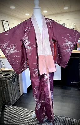 Beautiful Long Vintage Silk Traditional Kimono Robe Dress Red Sleeve Detail • $45