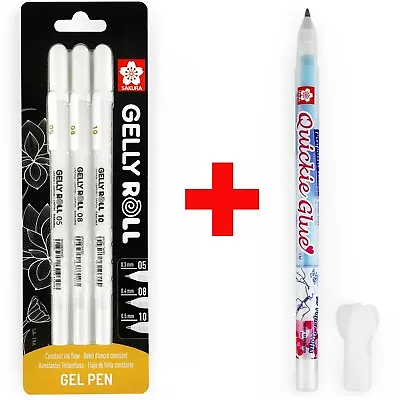 Sakura Gelly Roll Gel Pens - 05/08/10 - White  - Blister Of 3 + Quickie Glue Pen • £8.99