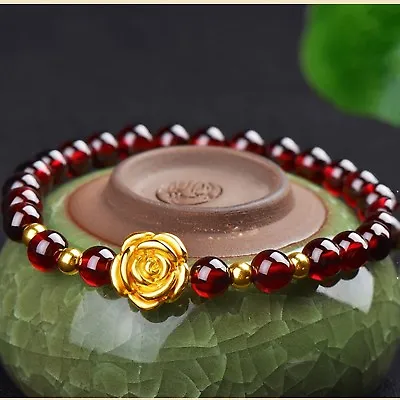 999 Pure 24K Yellow Gold 3D Rose Flower Link 8mm Garnet Beaded Bracelet 7inchL • £151.90