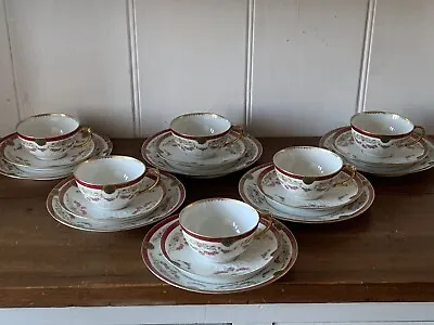 6 X Gerard Dufraisseix & Abbot Limoges Pink Roses Maroon Gold Band Tea Trios • £60