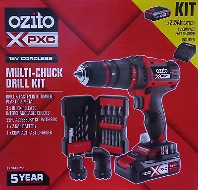 OZITO PXC 18V CORDLESS 3x MULTI-CHUCK DRILL KIT + BATTERY & ACCESSORY DRILL BITS • $999