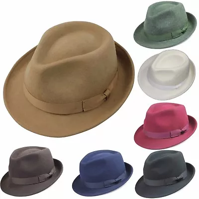 Unisex Mens Women Vintage Classic 100% Felt Wool Trilby Hat Fedora Style 4 Sizes • £29.99