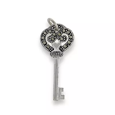 Vintage LA Sterling Silver 925 Milgrain Marcasite Accent Key Charm Pendant • $16