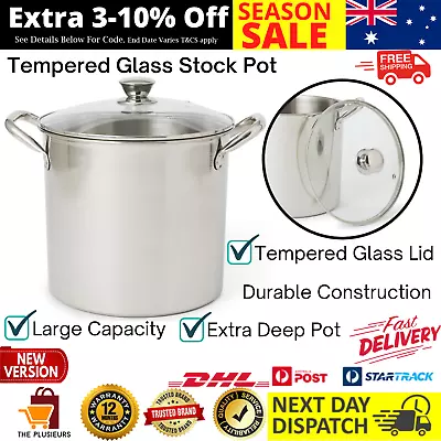 7.6L Stainless Steel Stockpot Large Cooking Kitchen Stock Pot Tempered Glass Lid • $29.97