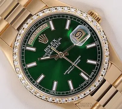 Rolex Day-Date 18038 Presidential 18k Gold Diamond Bezel 36mm-Green Stick Dial • $18870.50