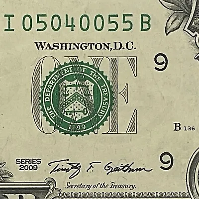 Trinary 0s 4s 5s Fancy Serial Number 2009 One Dollar Bill I05040055B DC IB Block • $5.95