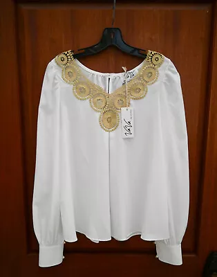 NWT $77 VaVa By Joy Han Palm Beach Mackenzie Top Blouse White M Gold Embroidery • $59.90