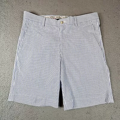 Country Club Prep Mens Shorts 35 Derby Blue Striped Seersucker Bermuda • $12.90