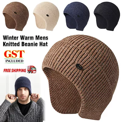 Winter Warm Mens Knitted For Beanie Hat With Earflaps  Outdoor Ski Skull Cap AU • $12.44