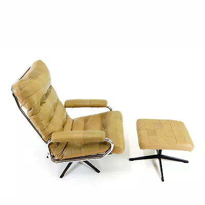 Retro Vintage Ikea Leather Chome Swivel Chair Armchair + Ottoman 70s 80s Danish • £895