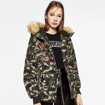 $41 • Buy Zara Camouflage Floral Embroidered Fur Hood Jacket Coat Size M