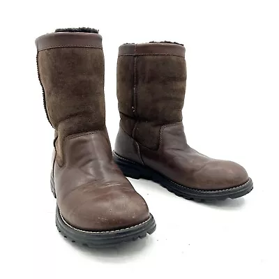 Ugg Brooks Brown Leather Shearling Lined Boots Women's Size 7 • $78.99