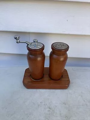 Vintage OLDE THOMPSON SOLID WOOD SALT AND PEPPER SHAKERS Grinder Mill On Stand • $27.73