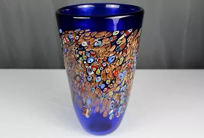 13.75  Millefiori Cobalt Blue Art Glass Vase Copper Aventurine - Unsigned • $265