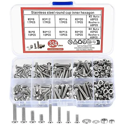 324 Pcs Metric Screw Assortment Kit Metric M3 M4 Hex Button Socket Head Cap Scre • $13.24