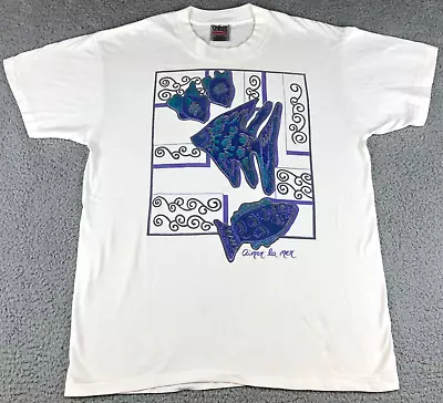 Single Stitch Aimer La Mer Blue Fish Art T Shirt Mens Sz L White Oneita Vintage • $10.94