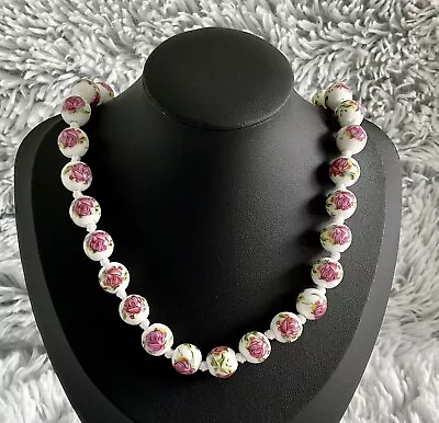 Ceramic Bead Pink Flowers Necklace Individual Knotted Magnetic Clasp 20  • $5