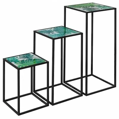 Nest Of 3 Tall Tables - Green Leaf Design - Acrylic Top - Black Frame • £128.90